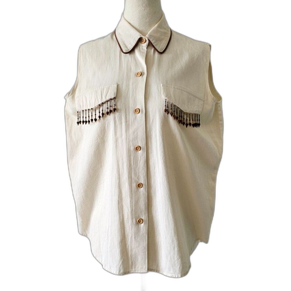 VTG 80’S Tahasa Collared Top Size M Sleeveless Fringed Faux Pockets 100% Cotton